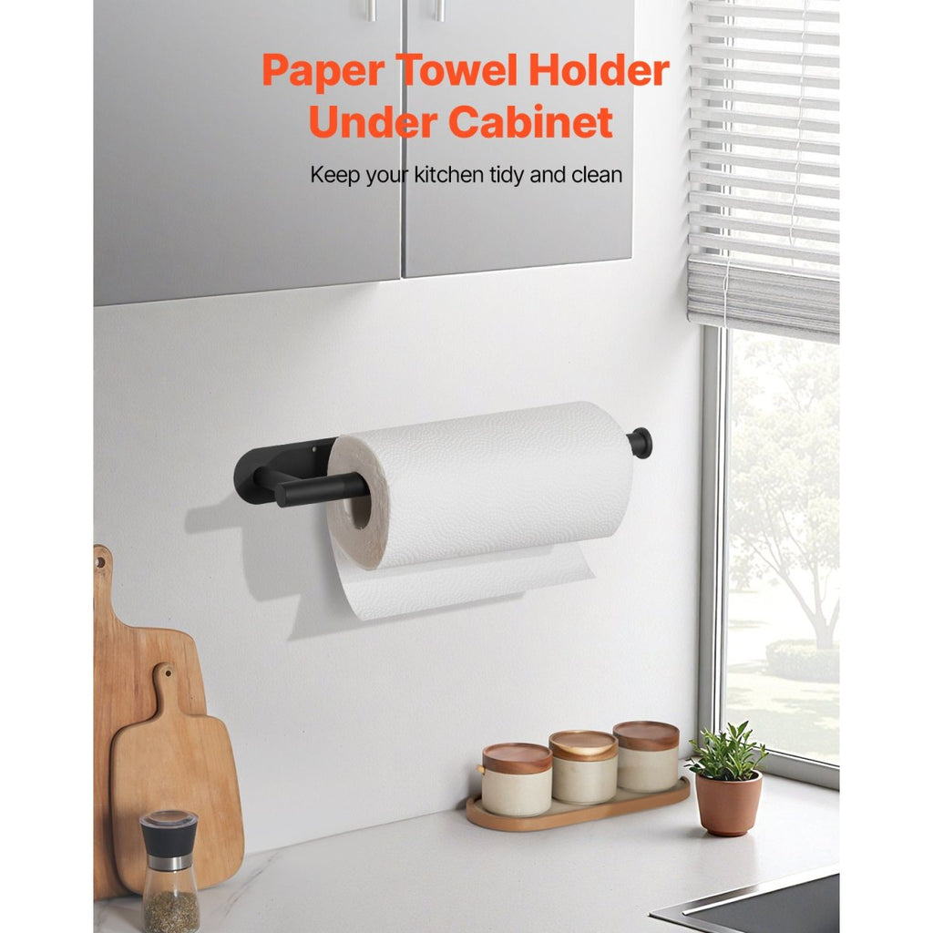 Under-cabinet paper towel holder mounted with no-drill adhesive backing