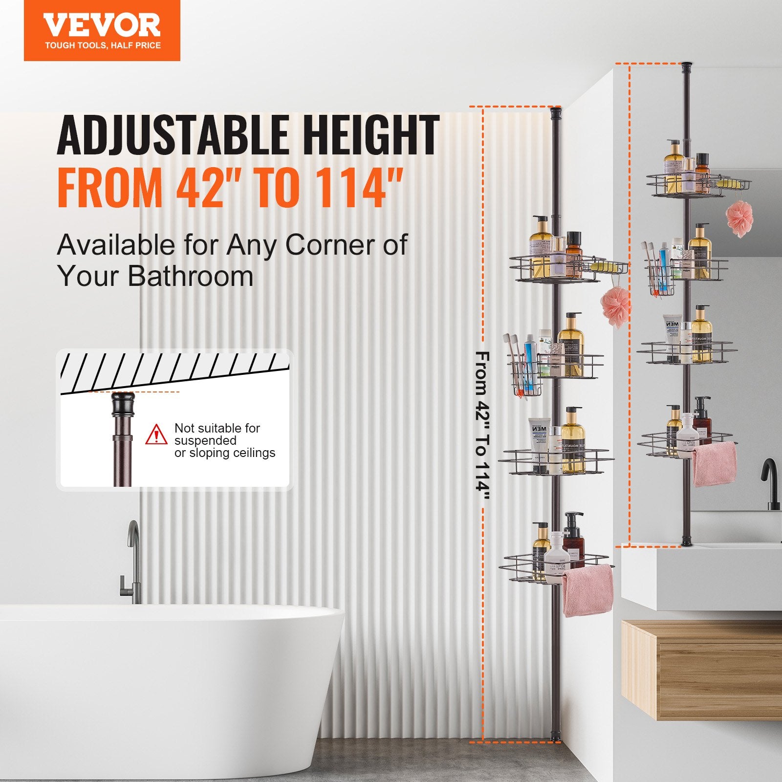 Tension-pole shower caddy holding bottles in a corner