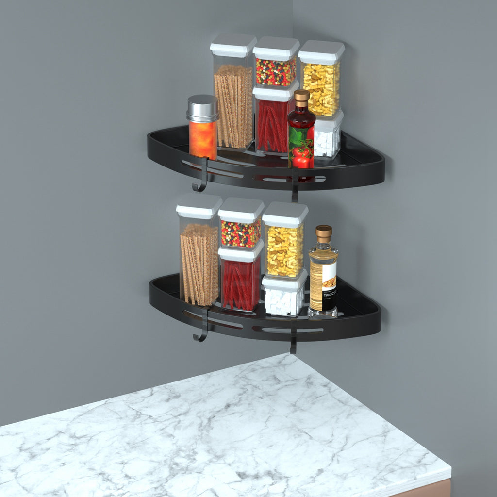 Two corner shower caddies mounted in a tiled shower