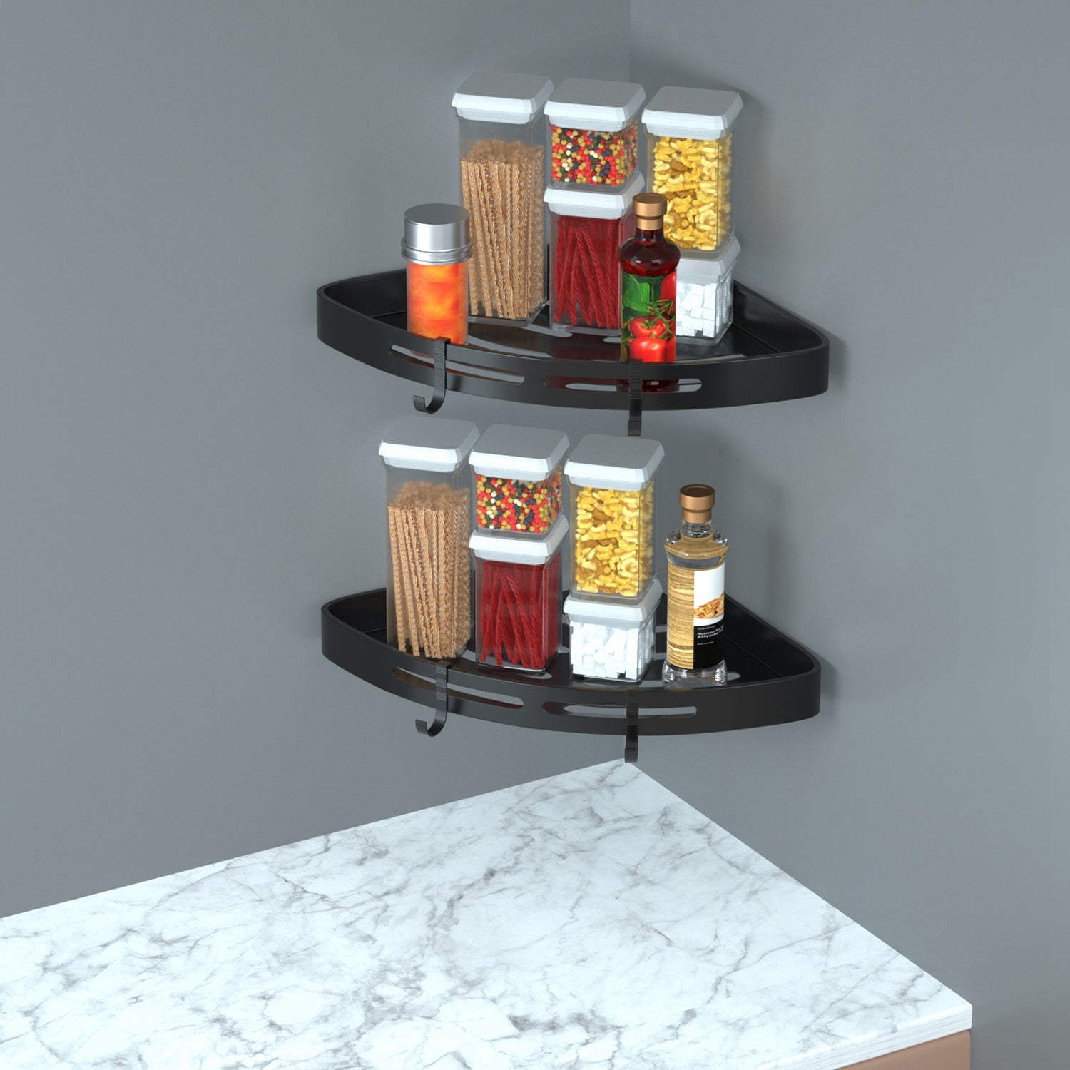 Two corner shower caddies mounted in a tiled shower