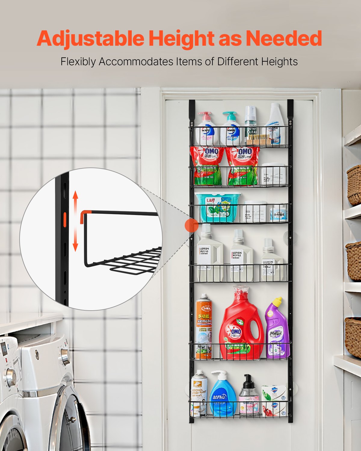 Adjustable baskets on the black no-drill over-the-door organizer