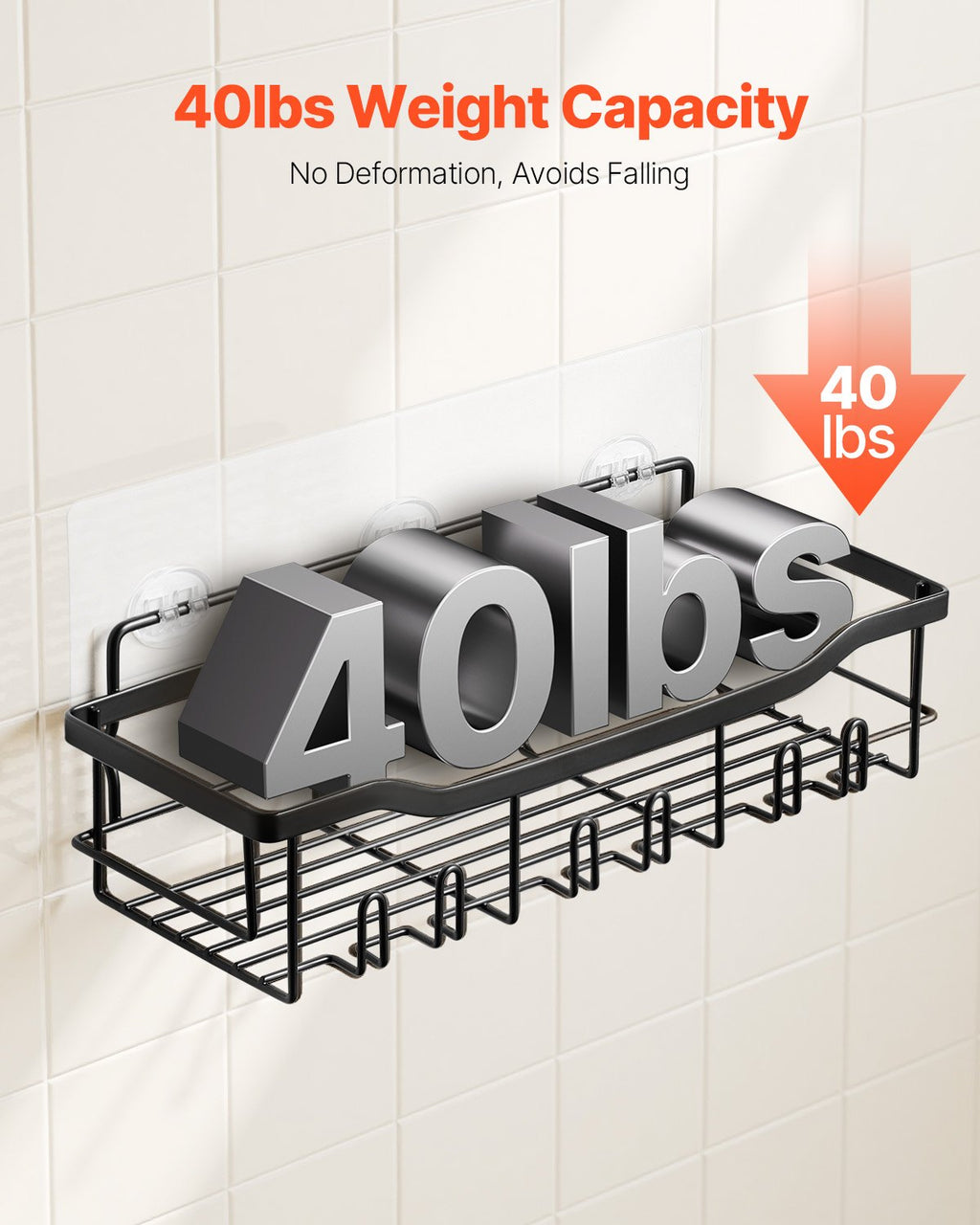 Rustproof metal adhesive shower shelf holding bottles