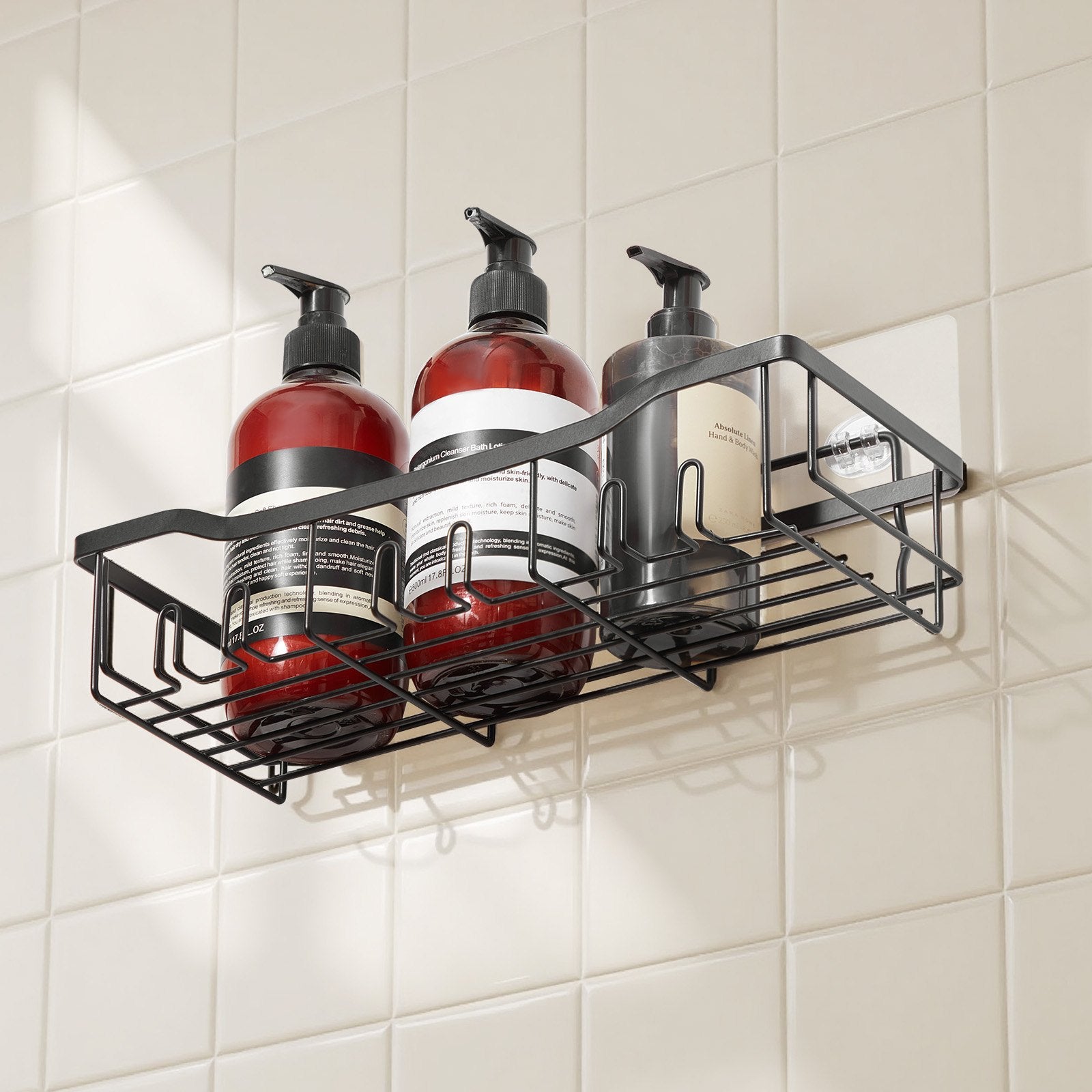 Five adhesive shower shelves