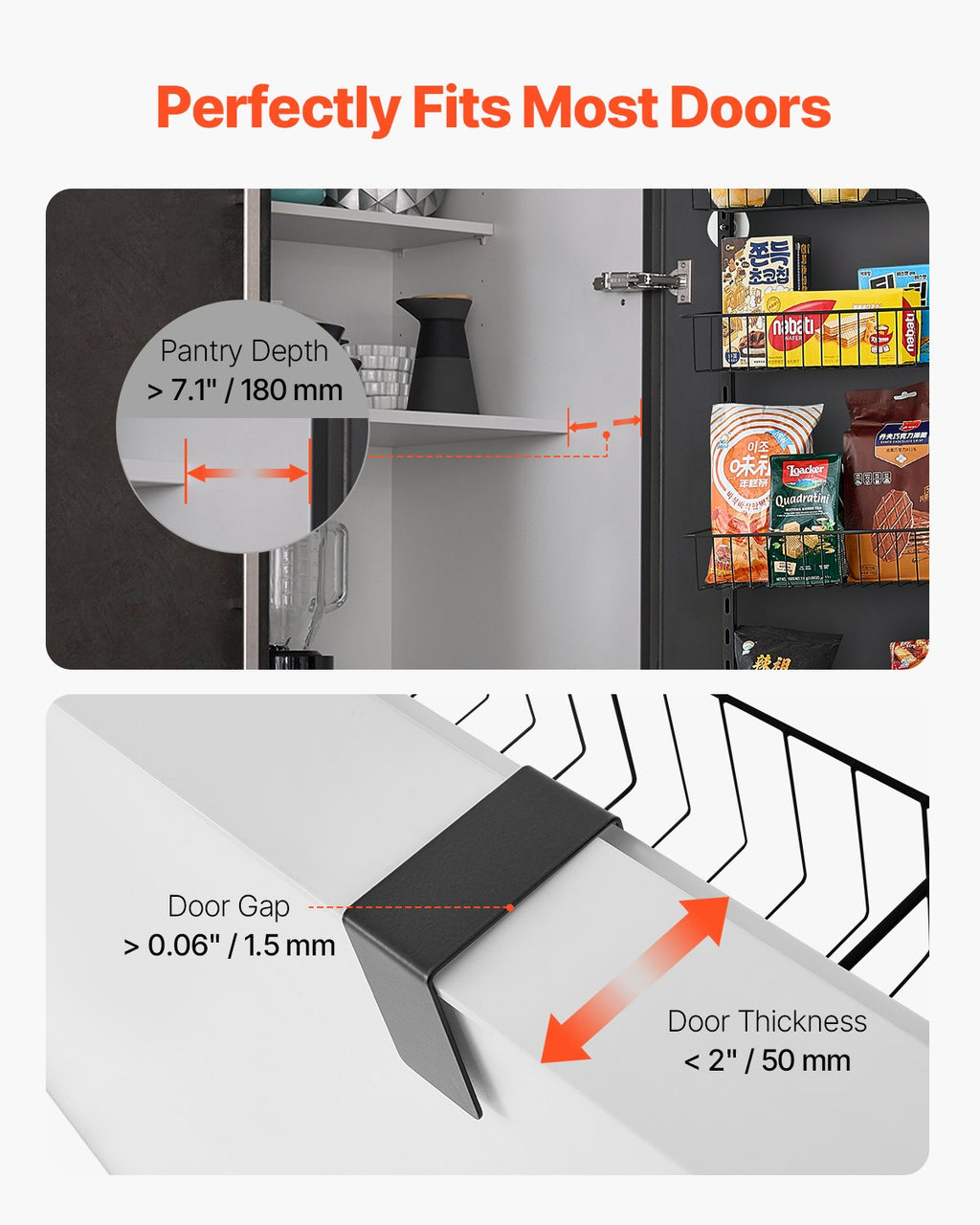 Black 6-tier over-the-door rack holding pantry goods