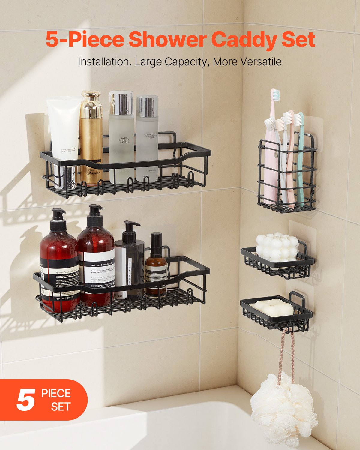 Adhesive shower shelves arranged in a tiled shower
