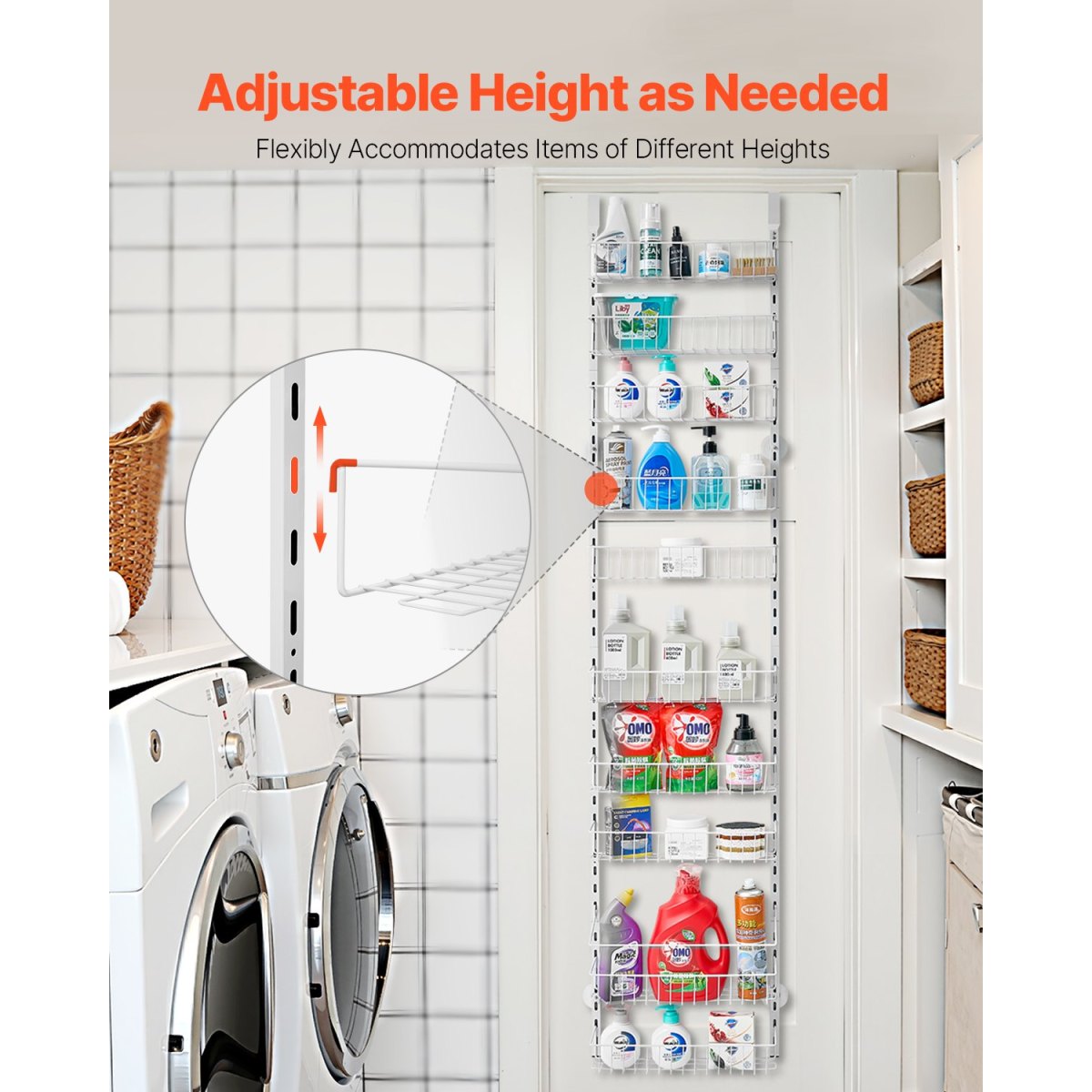Adjustable baskets on the no-drill 10-tier over-the-door organizer